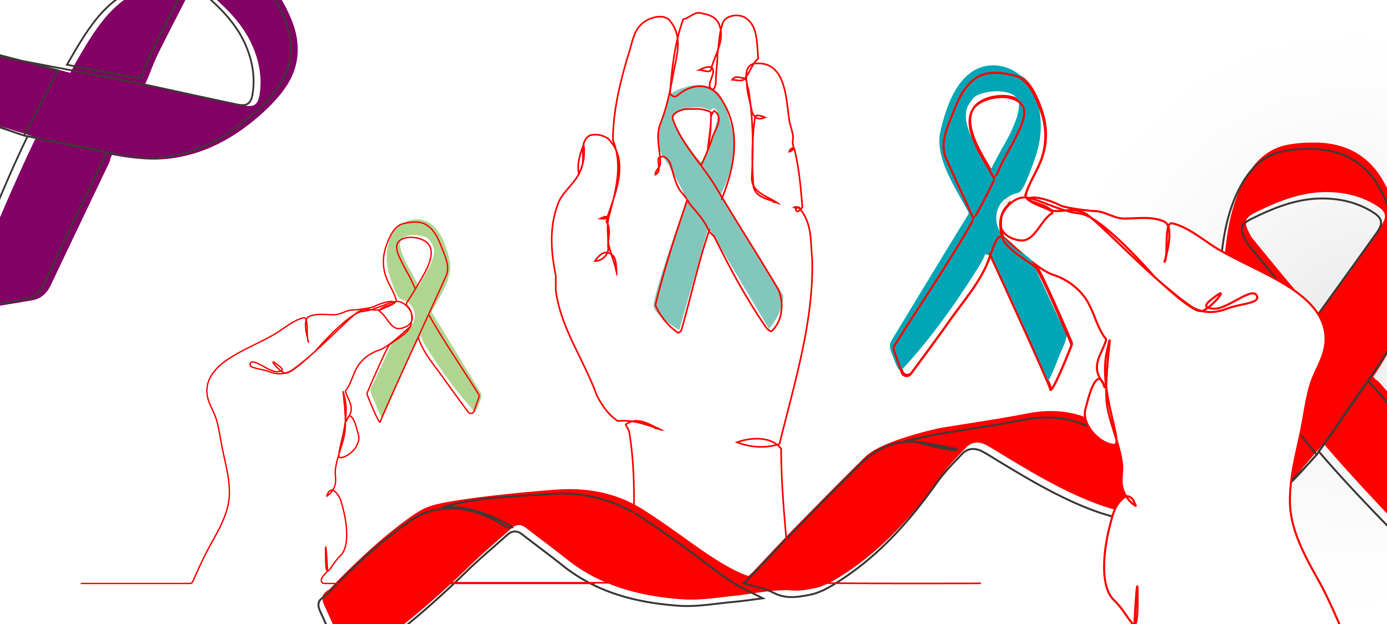 National Cancer Prevention Month multicolor cancer ribbons continuous line drawn hands